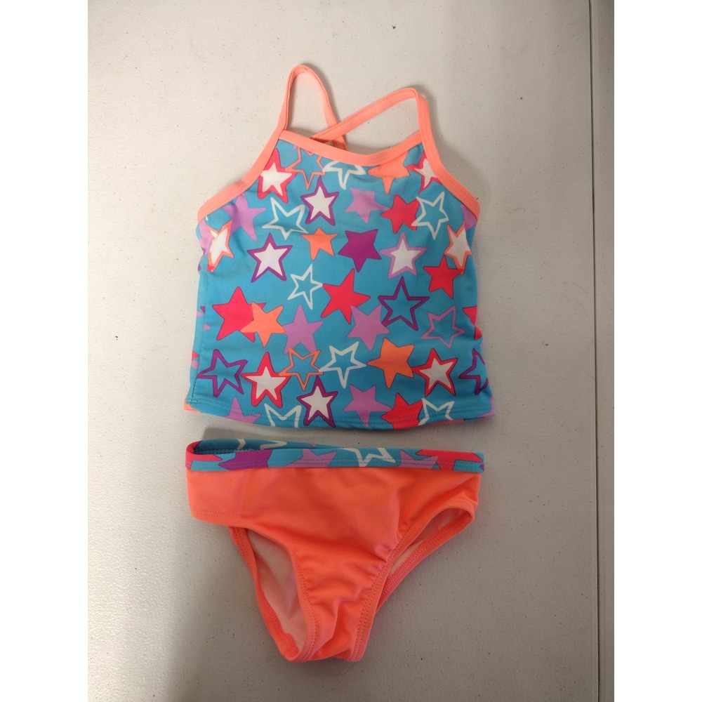 Wonder Nation Toddler Girls Star Print Tankini Swimsuit Set Blue Orange 2T